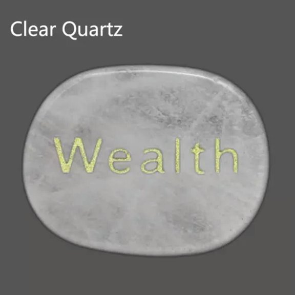 MATROOY Natural Pocket Stone Engraved "Wealth" Lettering Inspirational Positive Word-Clear Quartz