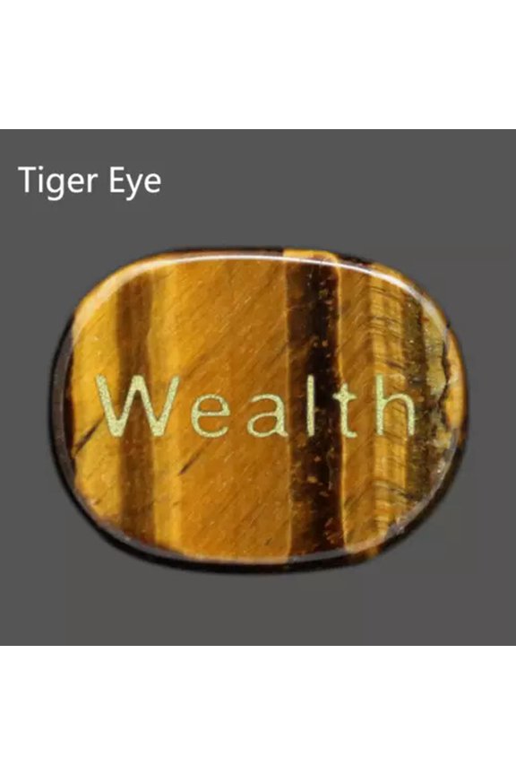 Natural Pocket Stone Engraved "Wealth" Lettering Inspirational Positive Word-Tiger's Eye