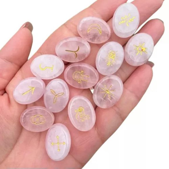 MATROOY Natural Quartz Carved Runes of the Luhn alphabet Quartz Crystal Reiki Healing-13PCS-rose quartz