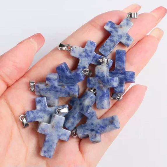 MATROOY Natural Quartz Crystal Cross Pendant Crucifix Shape Stone Jewelry making-Blue Spot-10PCS