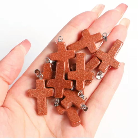 MATROOY Natural Quartz Crystal Cross Pendant Crucifix Shape Stone Jewelry making-Gold Sandstone-1PC