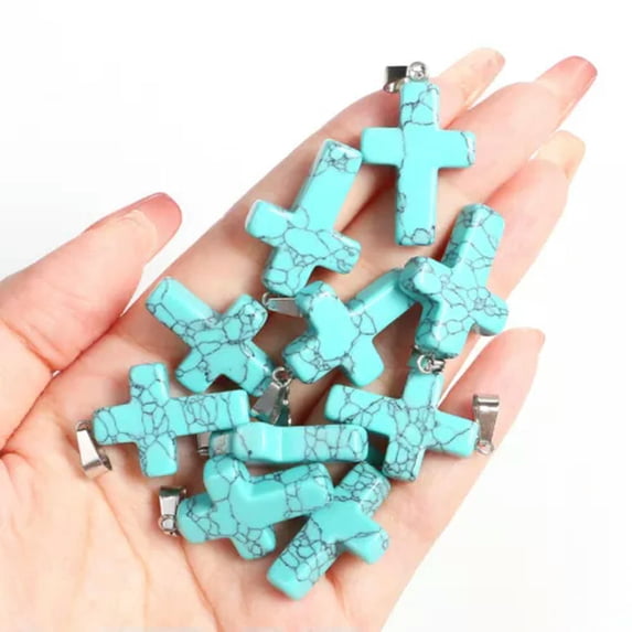MATROOY Natural Quartz Crystal Cross Pendant Crucifix Shape Stone Jewelry making-Green Turquoise-10PCS