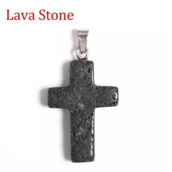 MATROOY Natural Quartz Crystal Cross Pendant Crucifix Shape Stone Jewelry making-Lava Stone-1PC
