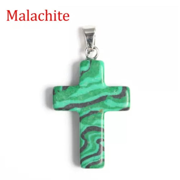MATROOY Natural Quartz Crystal Cross Pendant Crucifix Shape Stone Jewelry making-Malachite-5PCS