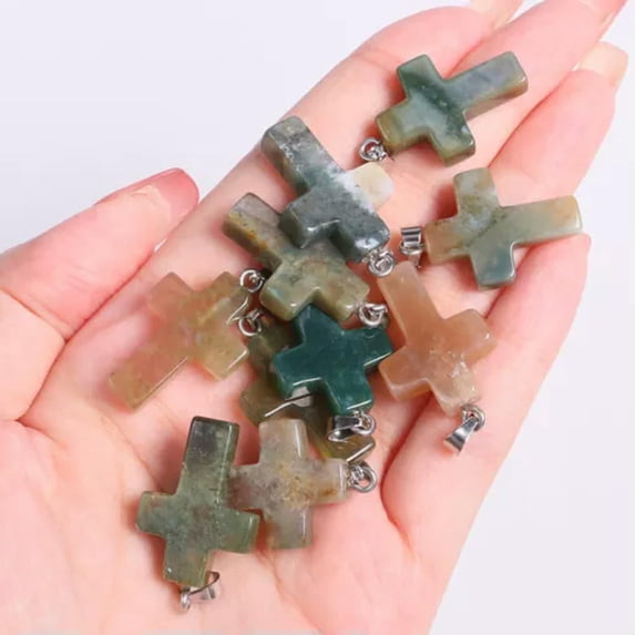 MATROOY Natural Quartz Crystal Cross Pendant Crucifix Shape Stone Jewelry making-Moss Agate-1PC