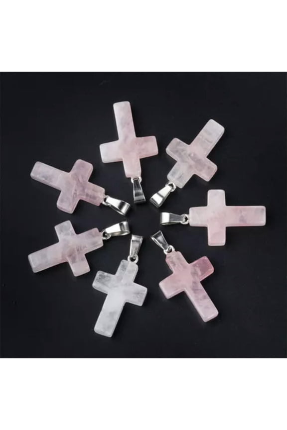 Natural Quartz Crystal Cross Pendant Crucifix Shape Stone Jewelry making-Rose Quartz-1PC