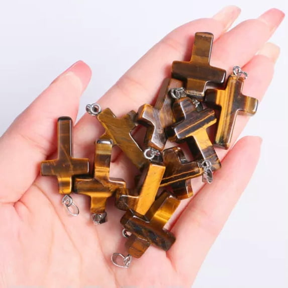 MATROOY Natural Quartz Crystal Cross Pendant Crucifix Shape Stone Jewelry making-Tiger's Eye-5PCS