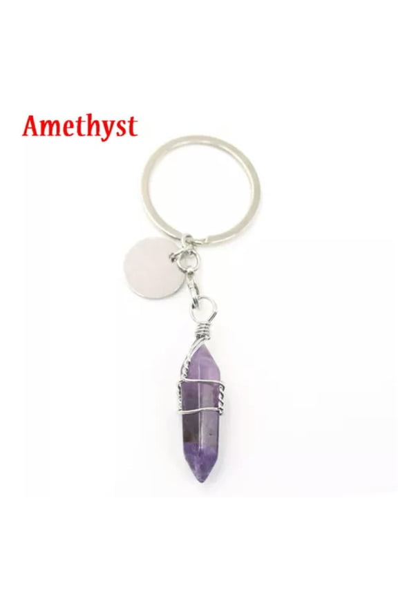 Natural Quartz Keyring Wire Wrapped Crystal Point Cut Gemstone Healing Key Ring-Amethyst