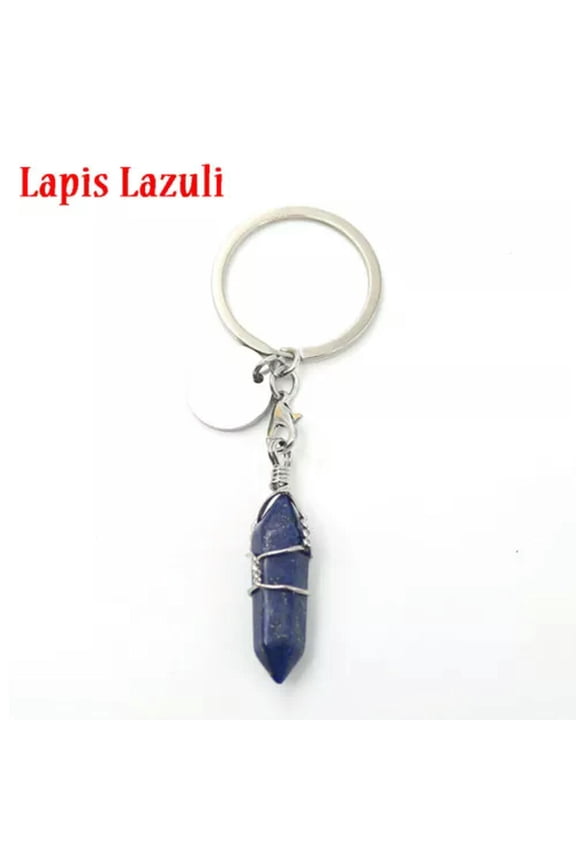 Natural Quartz Keyring Wire Wrapped Crystal Point Cut Gemstone Healing Key Ring-Lapis Lazuli