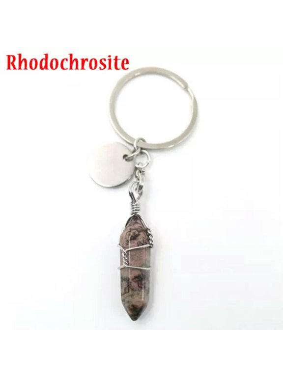 Natural Quartz Keyring Wire Wrapped Crystal Point Cut Gemstone Healing Key Ring-Rhodochrosite