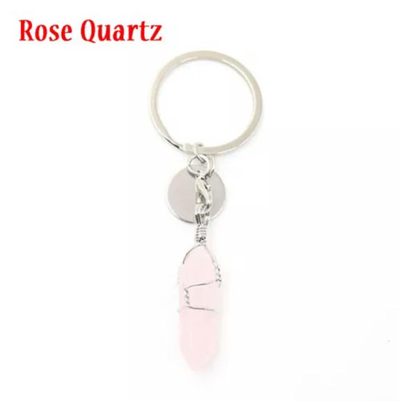 MATROOY Natural Quartz Keyring Wire Wrapped Crystal Point Cut Gemstone Healing Key Ring-Rose Quartz