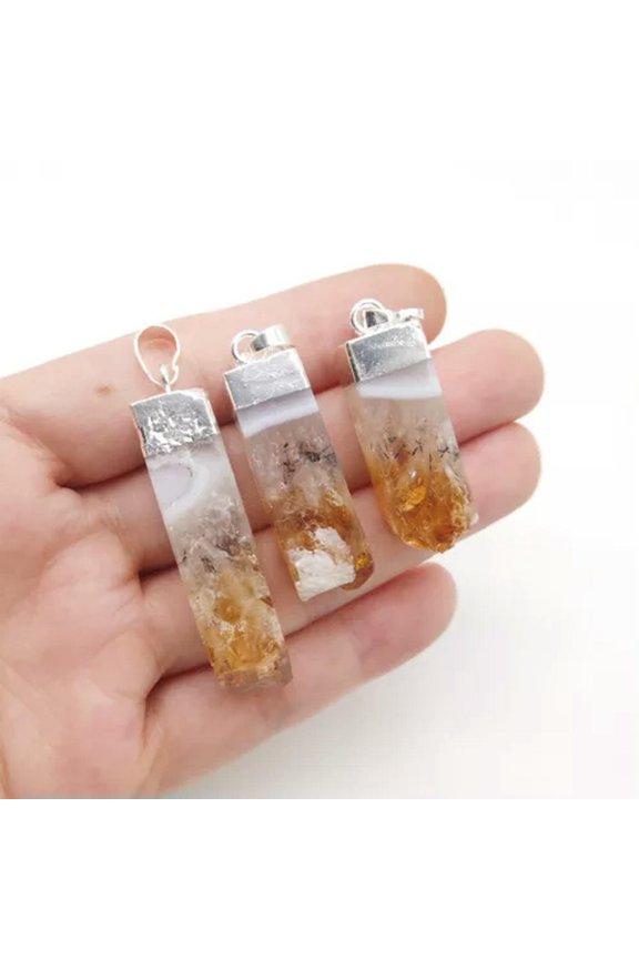 Natural Raw Amethyst Crystal Bullet Pendant Geode Stone Amulet Jewelry Making-Citrine-Silver-Cuboid