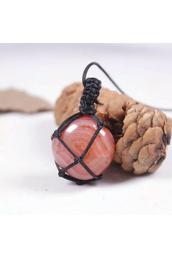 Natural Red Agate Pendant Healing Gemstone Wrap Rope Pouch Bag Chain Necklace