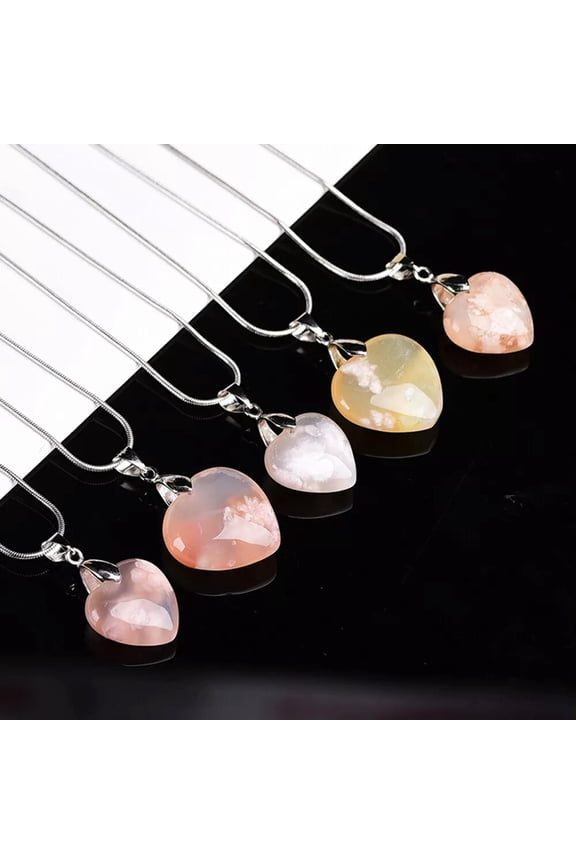 Natural Sakura Agate Cherry Blossom Heart Pendant Crystal Reiki Healing Necklace