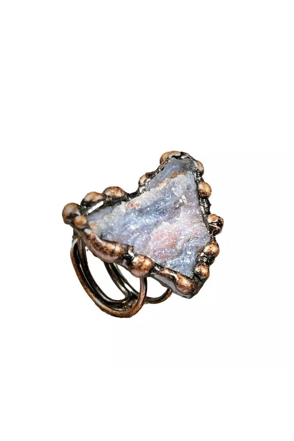 Natural Solar Agate White Druzy Ring Irregular Crystal Open Adjustable Ring