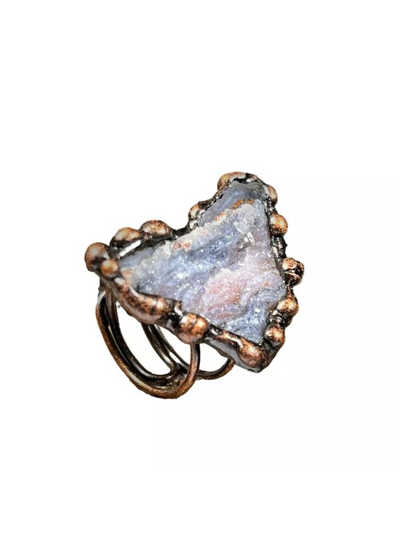 Natural Solar Agate White Druzy Ring Irregular Crystal Open Adjustable Ring