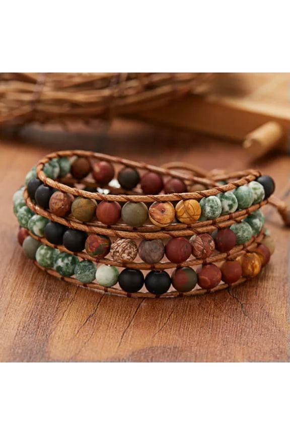 Natural Stone Healing Chakra Multi-layer Bracelet Bangle Leather Women Jewelry-Agate