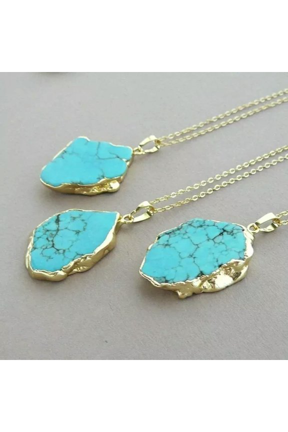 Natural Turquoise Slab Pendant Healing Reiki Balance Women Chain Necklace Gifts