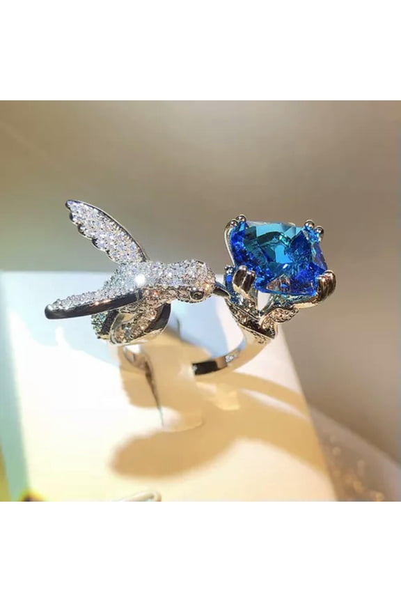 Natural Zircon Stone Bird 925 Silver Open Ring Women Creativity Rings 4 Color-Blue