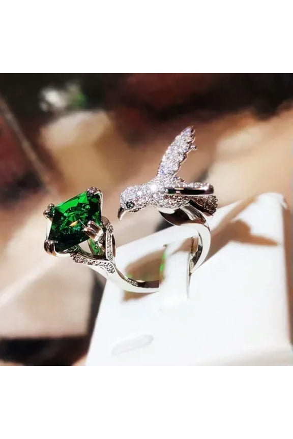 Natural Zircon Stone Bird 925 Silver Open Ring Women Creativity Rings 4 Color-Green