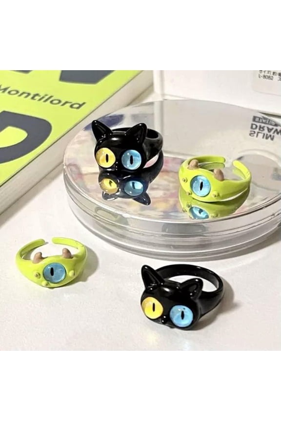New Cute Green Monster Rings Fashion Sweet Two Color Cat Eyes Open Couple R_tu-02