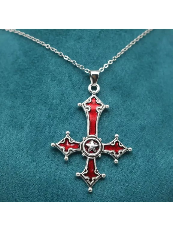 New Enamel Red Gothic Inverted Cross Pendant Necklace Punk Rock Halloween