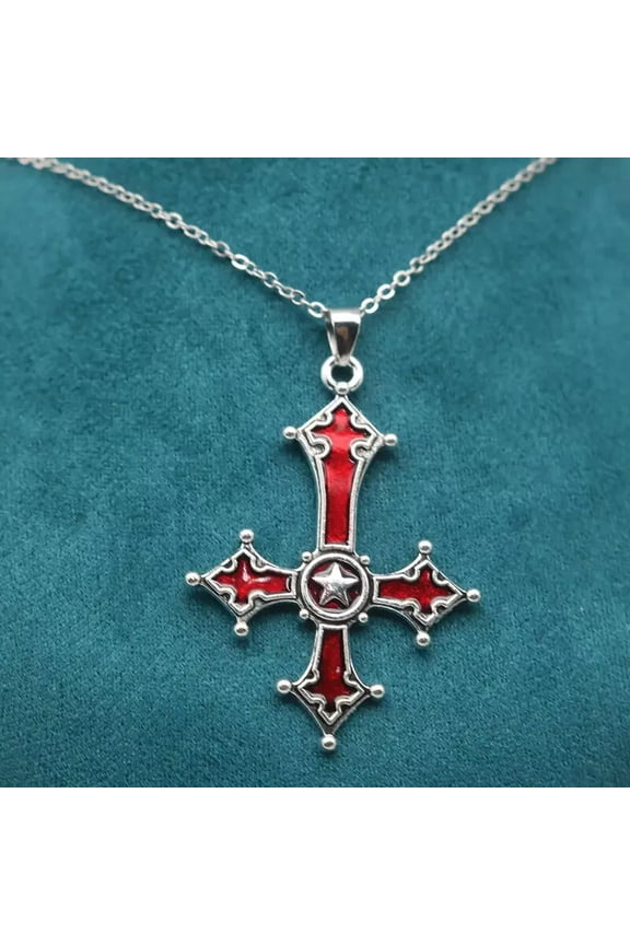 New Enamel Red Gothic Inverted Cross Pendant Necklace Punk Rock Halloween
