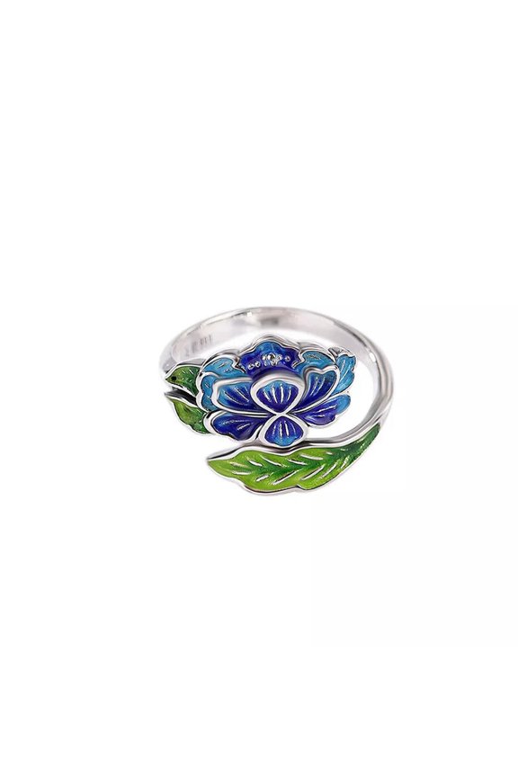 New Women Sterling Silver Band Ring Blue Enamel Peony Flower Adjustable Ring