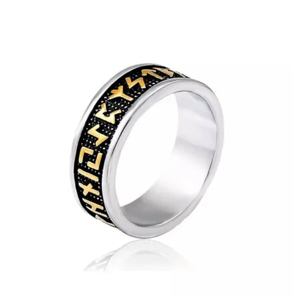 MATROOY Nordic Viking Text Stainless Steel Band Ring Vintage Rune Signet Ring Men 7 8-13-8-Gold