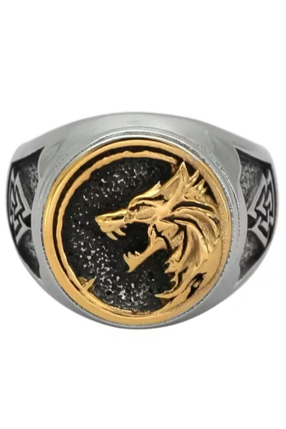 Norse Fenrir Signet Ring Mens Gold PVD Stainless Steel Viking Valknut Wolf Band-9