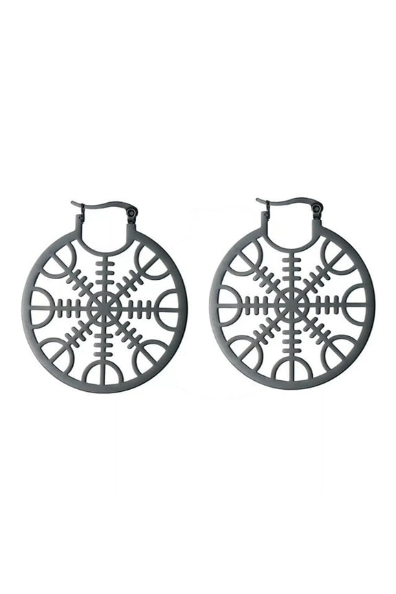 Norse Helm of Awe Earrings Black Stainless Steel Large Viking Dangle Huggies