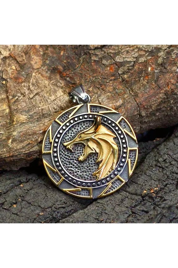 Norse Viking Gold Wolf Head Pendant Necklace Men's Stainless Steel Jewelry Gift