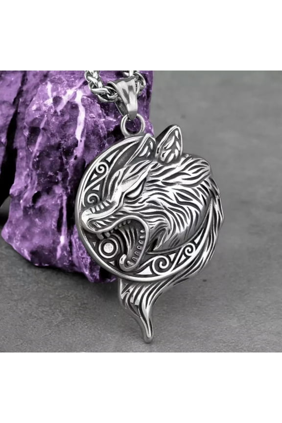 Norse Viking Wolf Head Pendant Necklace Men's Punk Rock Biker Jewelry Chain 24"