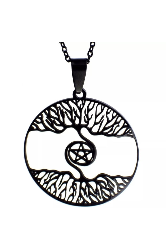 Norse Yggdrasil Necklace Black Stainless Steel Viking Pagan Pentacle Amulet