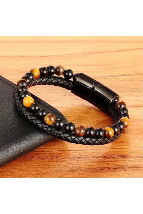 Obsidian Tiger Eye Beaded Protection Strength Healing Men Leather Bracelet Gifts-Coffee