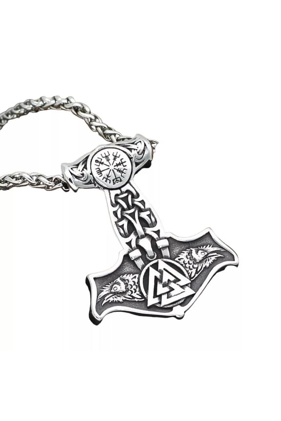 Odins Ravens Thors Hammer Viking Necklace Stainless Steel Valknut Pendant Chain