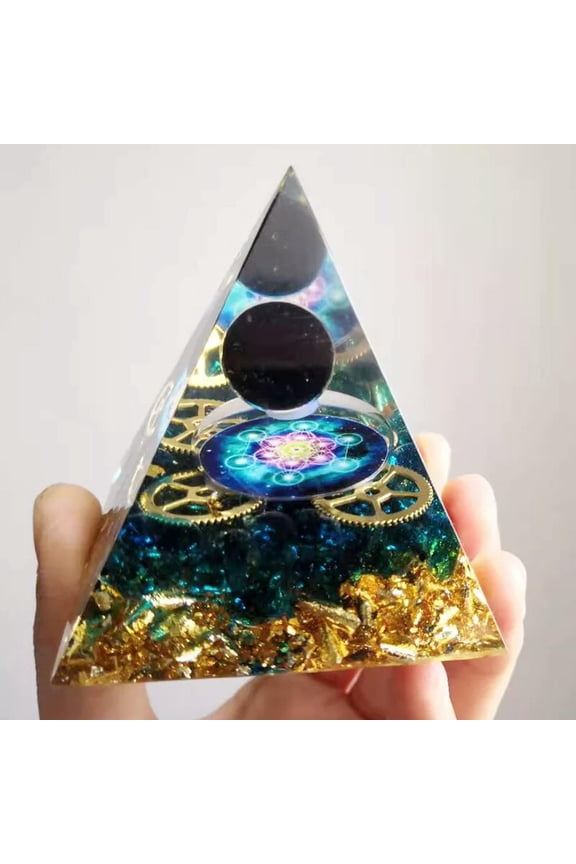 Orgonite Pyramid Obsidian Sphere With Blue Quartz Gear Wheel Healing Crystal