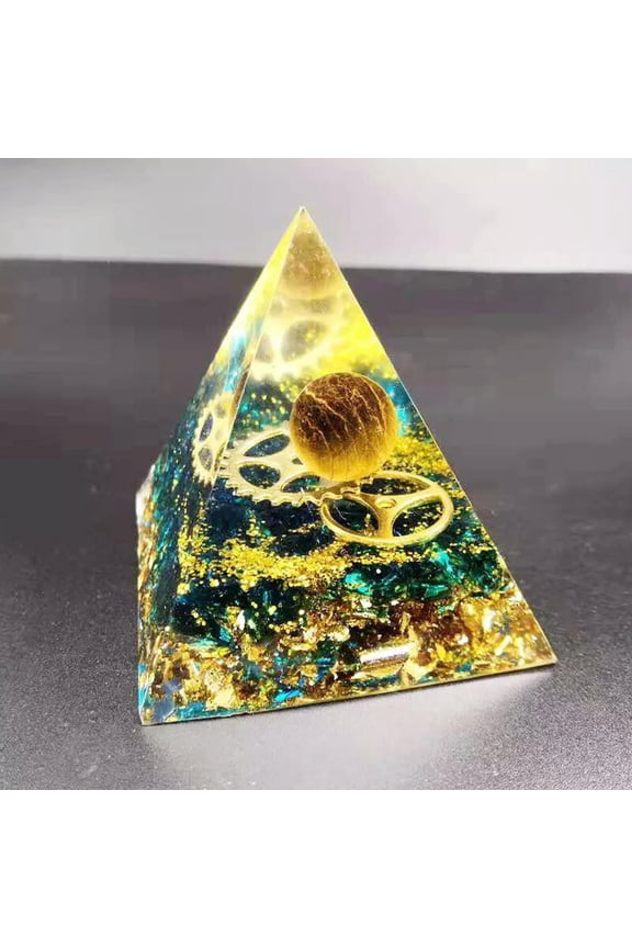 Orgonite Pyramid Tiger Eye Sphere With Blue Quartz Gear Wheel Healing Crystal