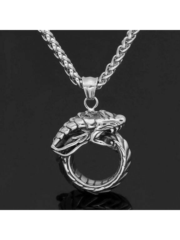 Ouroboros Necklace Silver Stainless Steel Circle Snake Serpent Dragon Pendant
