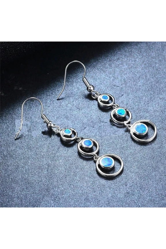 Oval Ocean Blue Fire Opal CZ Silver Jewelry Dangle Drop Earrings