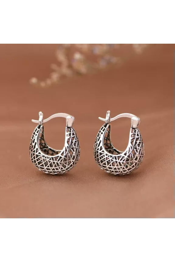 Oxidized Sterling Silver Hollowed Bad Shaped Oval Hinged Hoop Earrings A4486