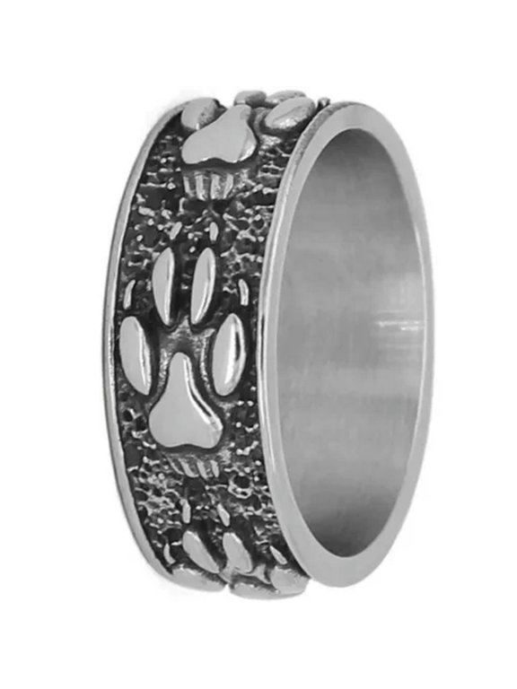 Paw Print Ring Silver Stainless Steel Wolf K9 Dog Band Pet Memorial Jewelry-8