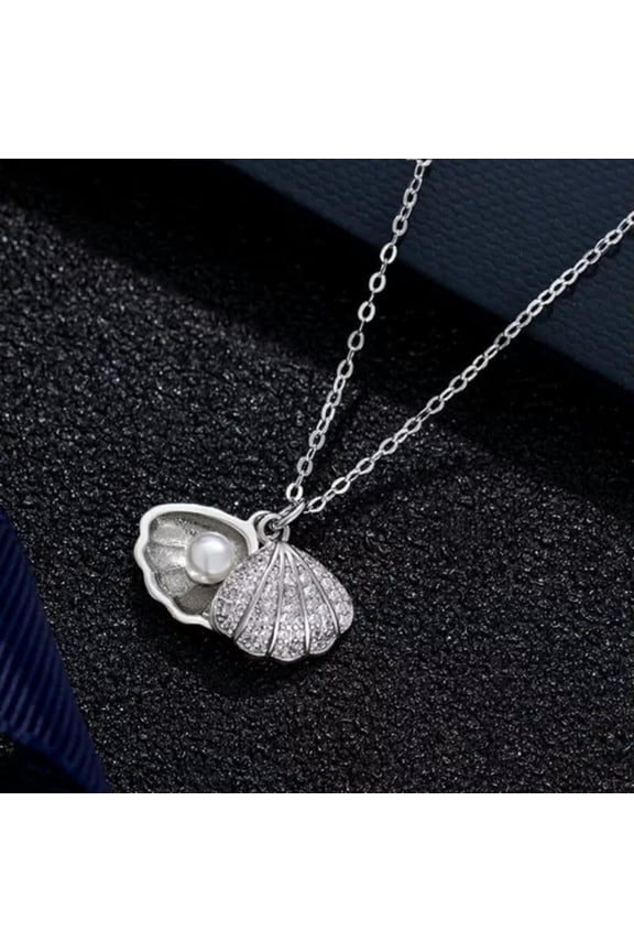 Pearl Necklace For Women Full Of Rhinestones Shell Necklace Metal Mecklace-Silver-