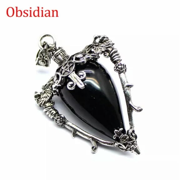 MATROOY Pendulum Crystal Pendant for Dowsing Spiritual Divination Pendulo Necklace-Obsidian - Silver