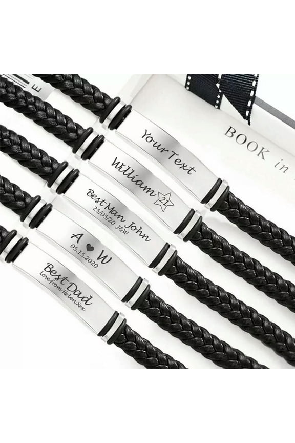 Personalised Custom Name Stainless Steel Bracelet Leather Cuff Bangle Daddy Gift