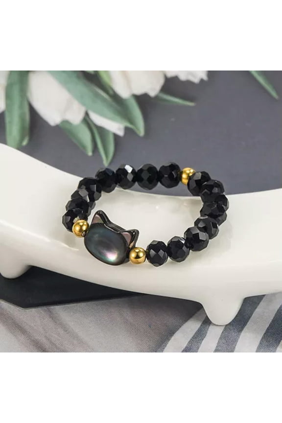 Personality Bead Ring Women Cat Rings Natural Moonstone Obsidian Jewelry Gift&-Black