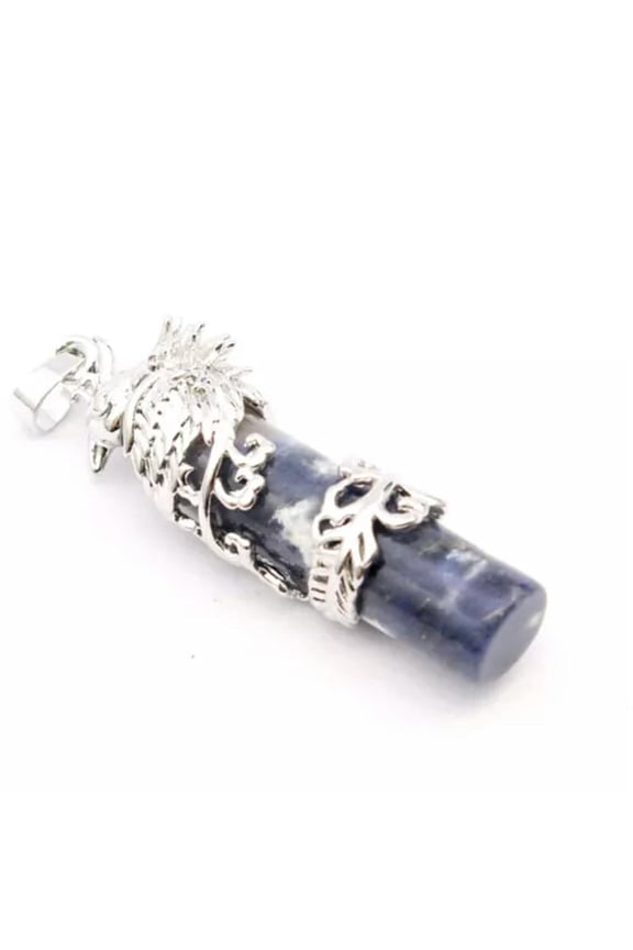 Phoenix Wrapped Natural Stone Quartz Cylinder Pendant Crystal Healing Amulet-Blue Spot