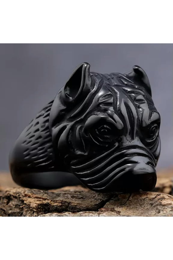 Pitbull Animal Shaped Engraved Sterling Silver Animal Gothic Ring-13-Black