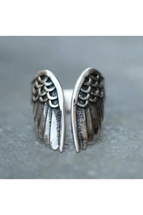 Punk Antique Silver Plated Angel Wing Open Rings for Women Men Gift Hip Hop Ring-01#