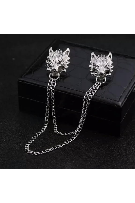 Men Tassel Chain Brooch Punk Chain Wolf Brooches Lapel Pin Brooch Collar Pins /-silver chain